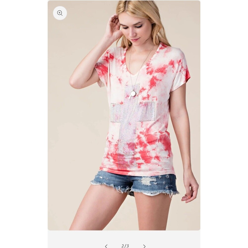 VOCAL Pink Tie Dye Studded Cross V Neck Short Sleeve Ed Hardy Style Med USA Made